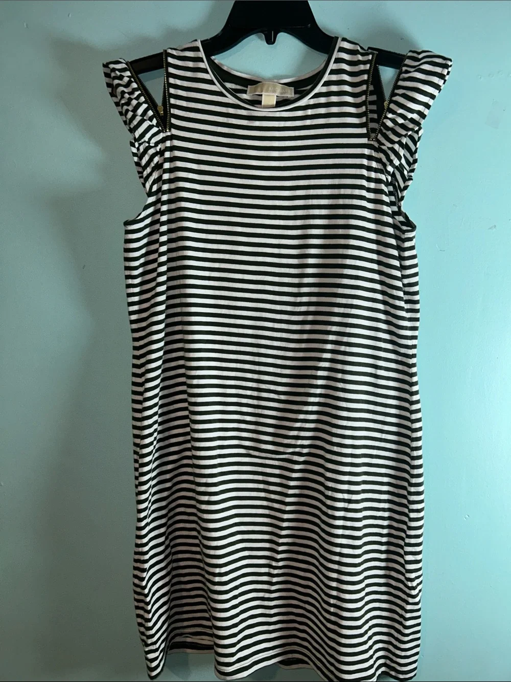 Michael Kors Black and White Striped Cold-Shoulder Dress